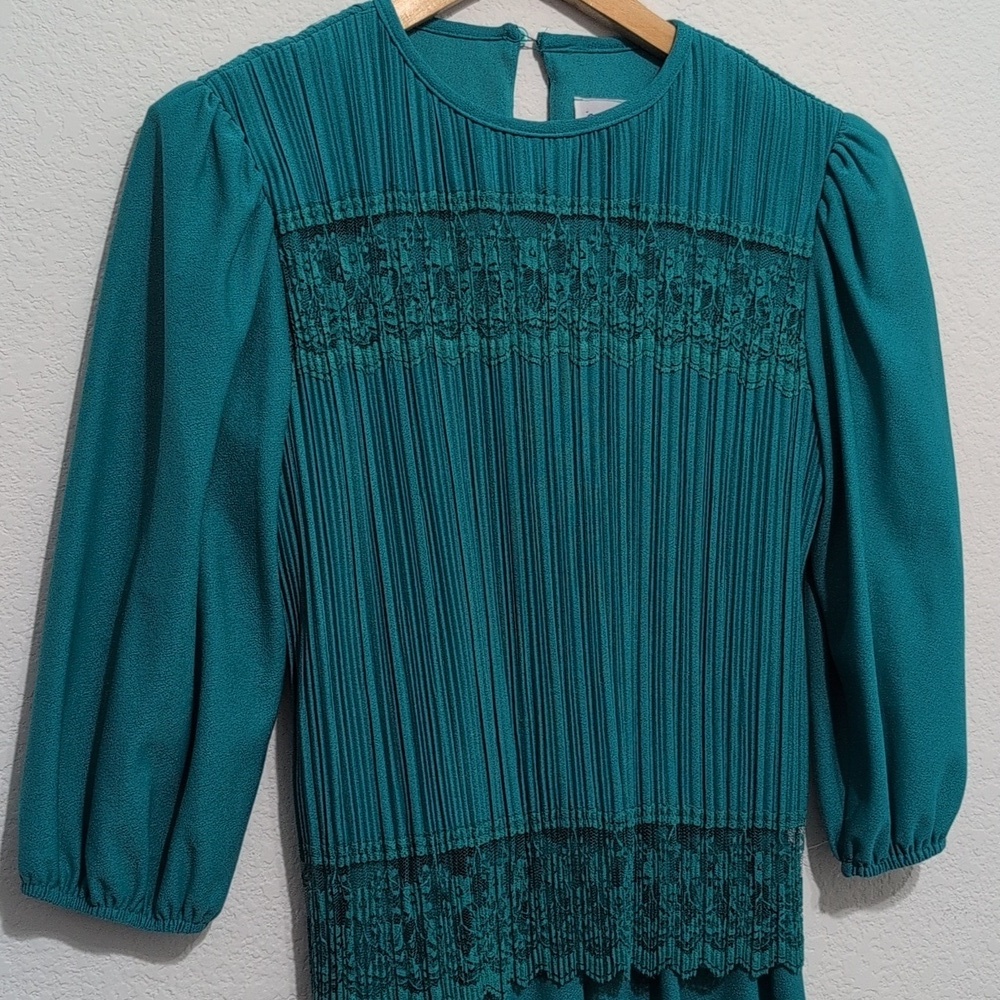 Good Times 80s Vintage Pleated Party Cocktail Dress Teal Size 8P Lace Detail - Picture 2 of 11
